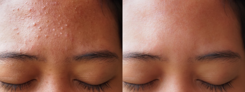A comparison picture of a girl showing difference with consistent usage of Benzoyl peroxide